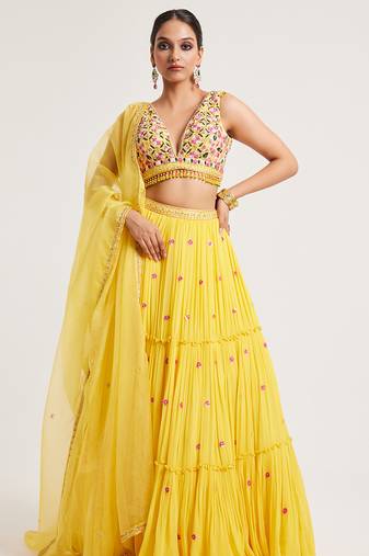 Mustard Yellow embroidered Georgette Lehenga