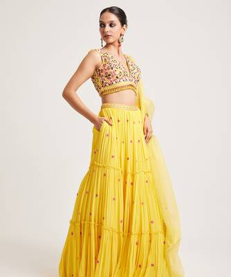 Mustard Yellow embroidered Georgette Lehenga 2