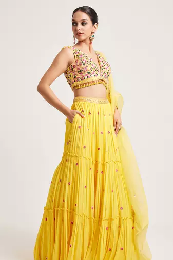 Mustard Yellow embroidered Georgette Lehenga