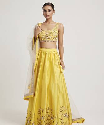 Mustard Yellow embroidered Net Lehenga 1