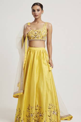 Mustard Yellow embroidered Net Lehenga