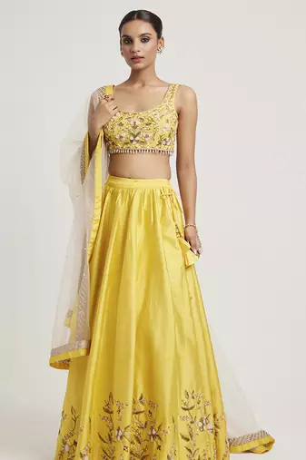 Mustard Yellow embroidered Net Lehenga