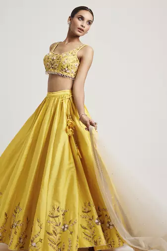 Mustard Yellow embroidered Net Lehenga