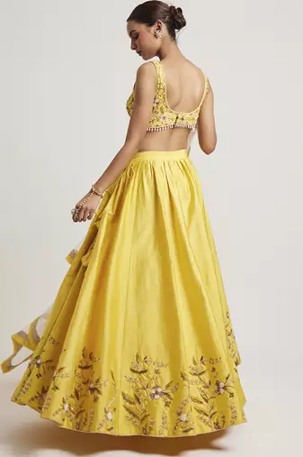 Mustard Yellow embroidered Net Lehenga