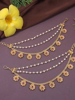 Traditional flower pearl layered hair chain/ear chain accessories with hook for women  1