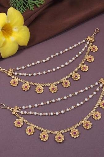 Traditional flower pearl layered hair chain/ear chain accessories with hook for women (e3214q)