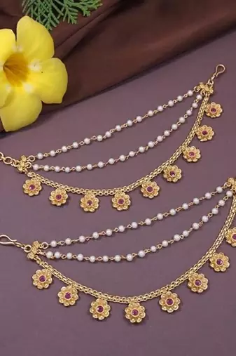 Traditional flower pearl layered hair chain/ear chain accessories with hook for women (e3214q)