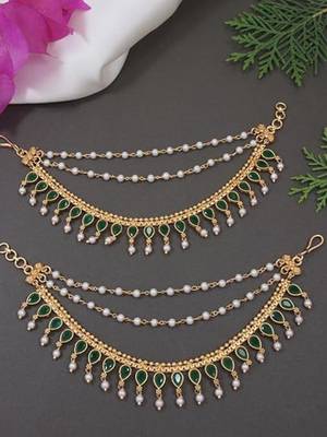 Traditional kundan & pearl drop hair chain/ear chain accessories with hook for women  1