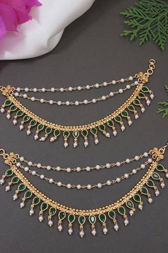 Traditional kundan & pearl drop hair chain/ear chain accessories with hook for women (e3217g)