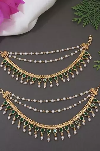 Traditional kundan & pearl drop hair chain/ear chain accessories with hook for women (e3217g)