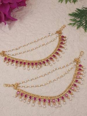 Traditional kundan & pearl drop hair chain/ear chain accessories with hook for women  1