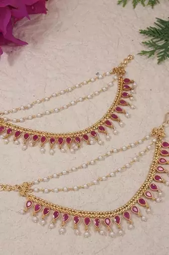 Traditional kundan & pearl drop hair chain/ear chain accessories with hook for women (e3217q)