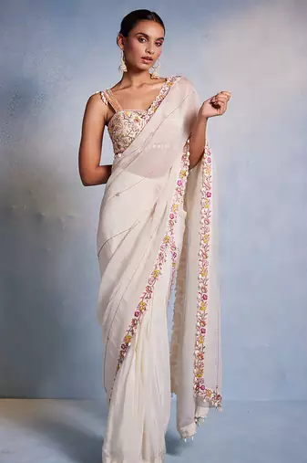 White embroidered organza saree