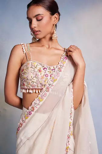 White embroidered organza saree