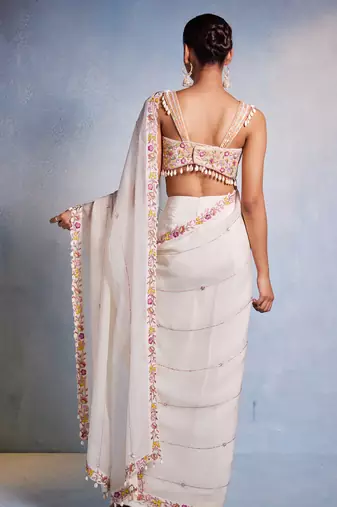 White embroidered organza saree