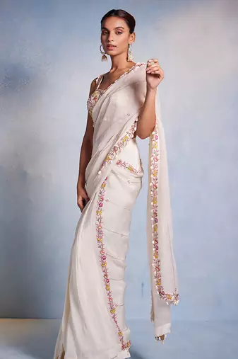 White embroidered organza saree