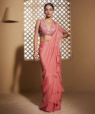 Pink plain chiffon saree 1