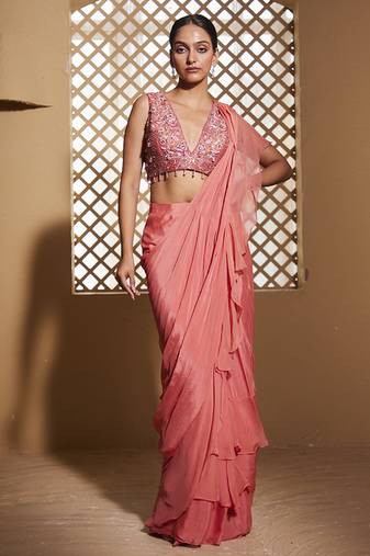 Pink plain chiffon saree