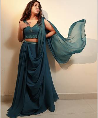 Blue plain georgette saree 1