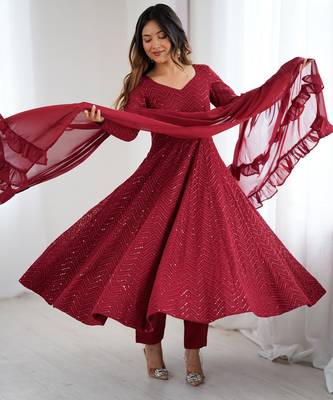 Designer Maroon Embroidered Anarkali Dress With Ruffle Dupatta Ethnic Wear For Women 1