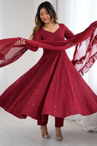 Designer Maroon Embroidered Anarkali Dress With Ruffle Dupatta Ethnic Wear For Women