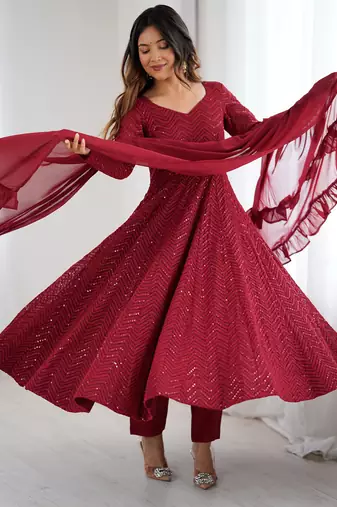 Designer Maroon Embroidered Anarkali Dress With Ruffle Dupatta Ethnic Wear For Women