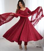 Designer Maroon Embroidered Anarkali Dress With Ruffle Dupatta Ethnic Wear For Women