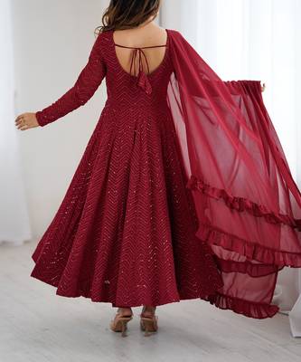 Designer Maroon Embroidered Anarkali Dress With Ruffle Dupatta Ethnic Wear For Women 3