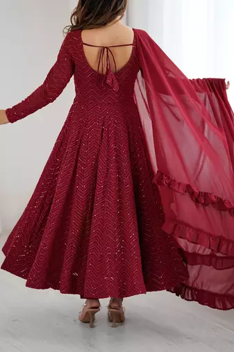 Designer Maroon Embroidered Anarkali Dress With Ruffle Dupatta Ethnic Wear For Women