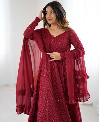 Designer Maroon Embroidered Anarkali Dress With Ruffle Dupatta Ethnic Wear For Women 4