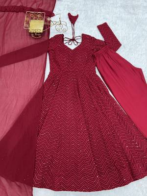 Designer Maroon Embroidered Anarkali Dress With Ruffle Dupatta Ethnic Wear For Women 5