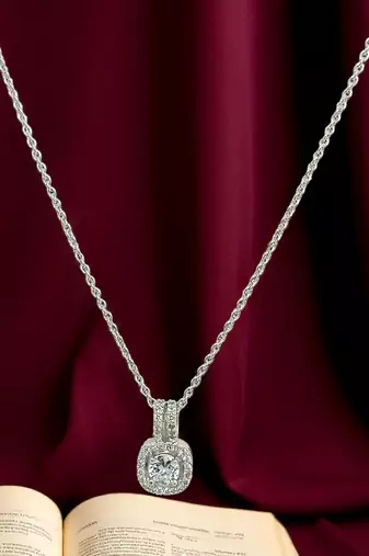 Silver plated american diamond studded pendant with chain
