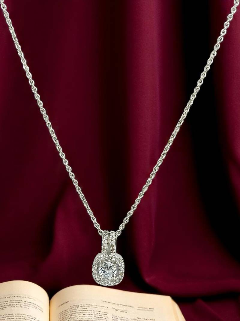 Silver plated american diamond studded pendant with chain