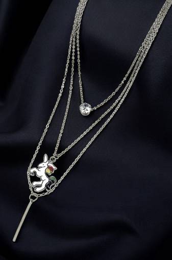 Silver-plated layered unicorn pendant chain