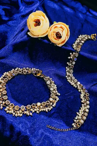 Gold-plated pearl and mirror studded anklet | wedding payal