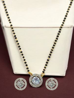 Gold plated black beaded silver ad stone mangalsutra with earrings 1
