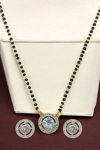 Gold plated black beaded silver ad stone mangalsutra with earrings