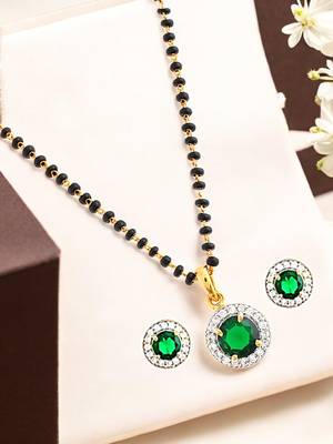 Gold plated black beaded green ad stone mangalsutra with earrings 1
