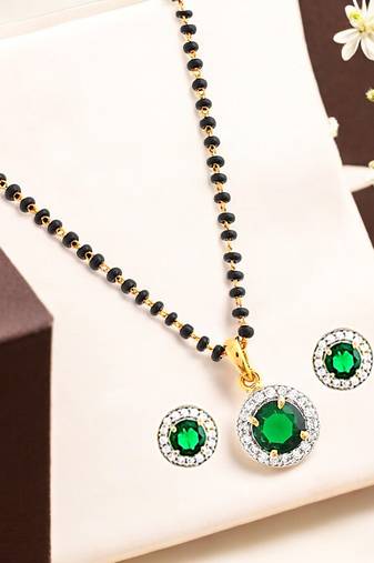 Gold plated black beaded green ad stone mangalsutra with earrings