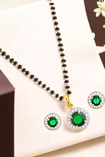 Gold plated black beaded green ad stone mangalsutra with earrings