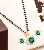 Gold plated black beaded green ad stone mangalsutra with earrings