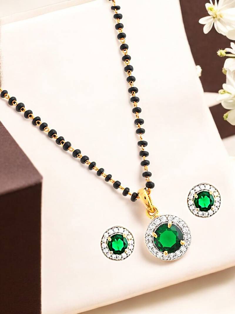 Gold plated black beaded green ad stone mangalsutra with earrings