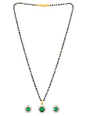 Gold plated black beaded green ad stone mangalsutra with earrings 2