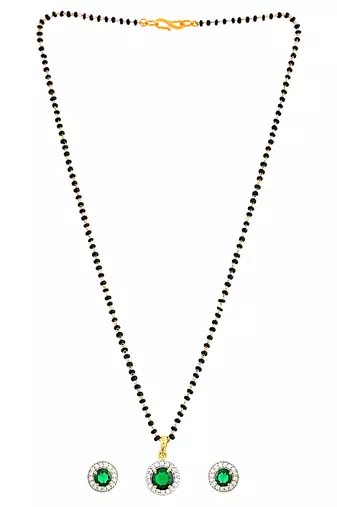 Gold plated black beaded green ad stone mangalsutra with earrings