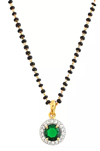 Gold plated black beaded green ad stone mangalsutra with earrings