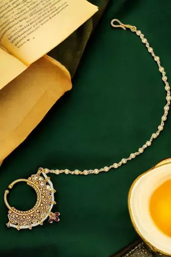 Gold-plated rajwadi clip on nose ring with chain nathiya