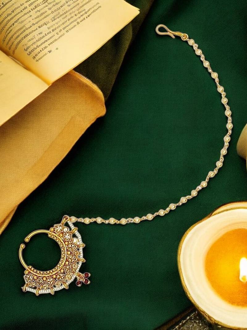 Gold-plated rajwadi clip on nose ring with chain nathiya