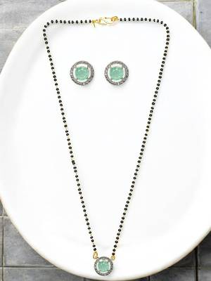 Gold plated black beaded sea green ad stone mangalsutra with earrings 1