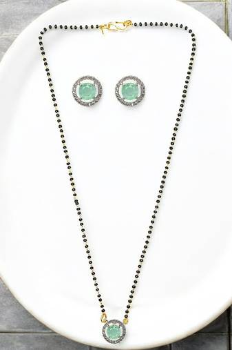 Gold plated black beaded sea green ad stone mangalsutra with earrings