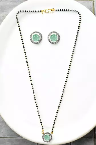 Gold plated black beaded sea green ad stone mangalsutra with earrings